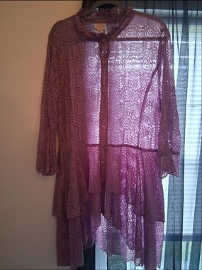 Sheer Lace Tiered Button-Front Tunic in Dusty Mauve